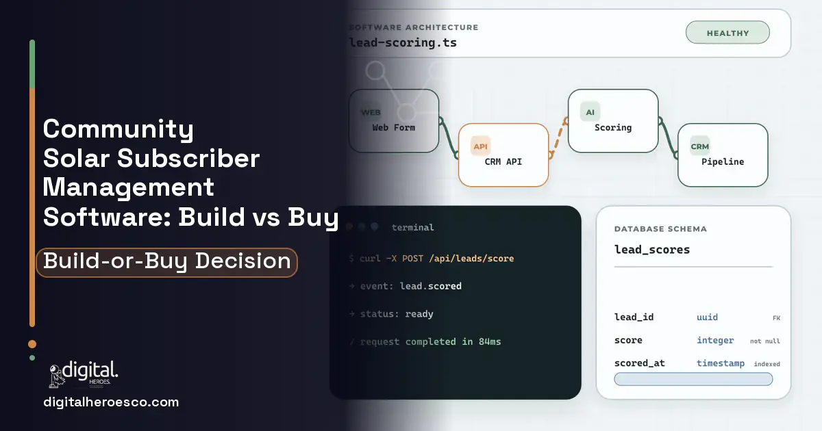 CRM architecture and database illustration for Community Solar Subscriber Management Software Build vs Buy Guide.