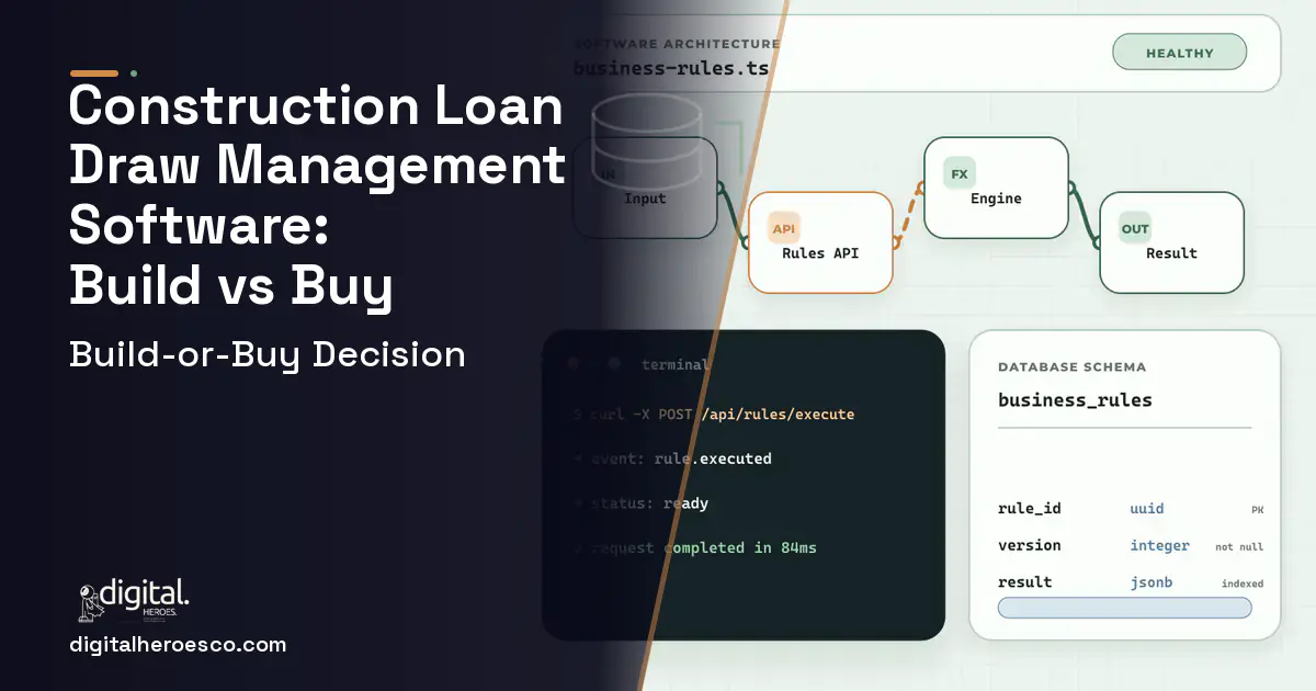Custom Software Development architecture and database illustration for Construction Loan Draw Build vs Buy Guide.