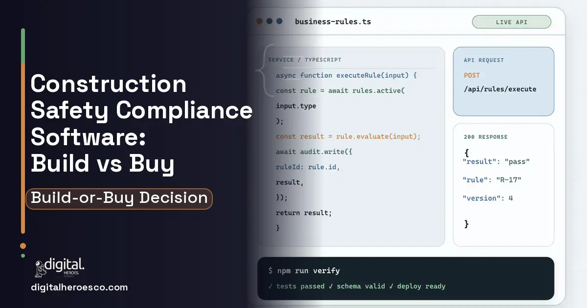 Custom software code editor and API illustration for Construction Safety Compliance Software Build vs Buy Guide.