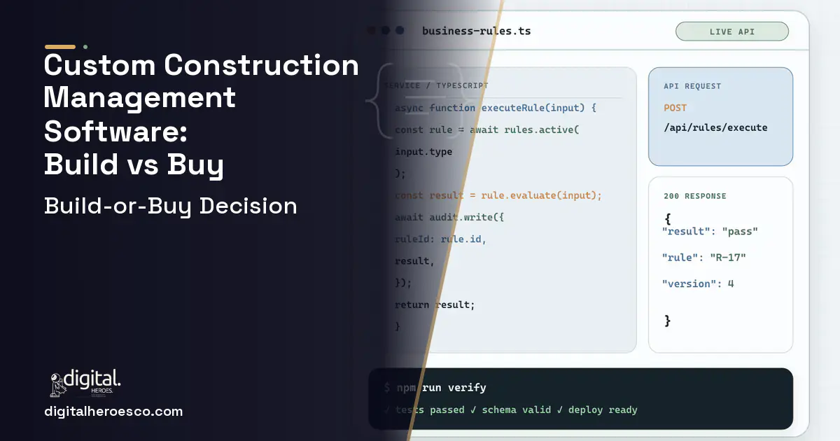 Custom software code editor and API illustration for Custom Construction Management Software Build vs Buy Guide.