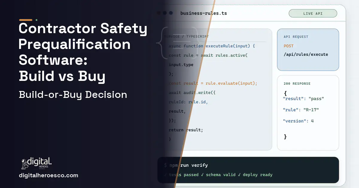 Custom software code editor and API illustration for Contractor Safety Prequalification Software Build vs Buy Guide.