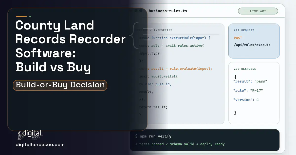 Custom software code editor and API illustration for County Land Records Recorder Software Build vs Buy Guide.
