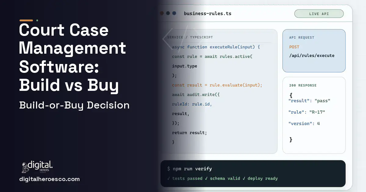 Custom Software Development code editor and API illustration for Court Case Management Software Build vs Buy Guide.