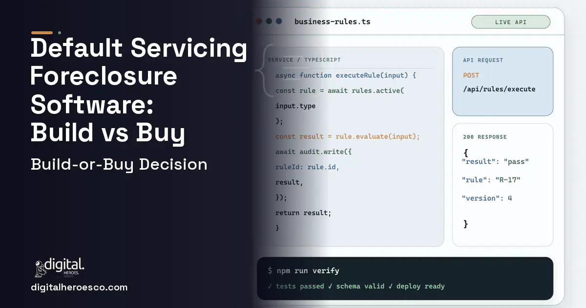 Custom software code editor and API illustration for Default Servicing Foreclosure Software Build vs Buy Guide.
