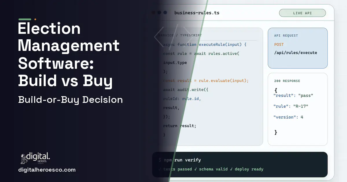 Custom Software Development code editor and API illustration for Election Management Software Build vs Buy Guide.