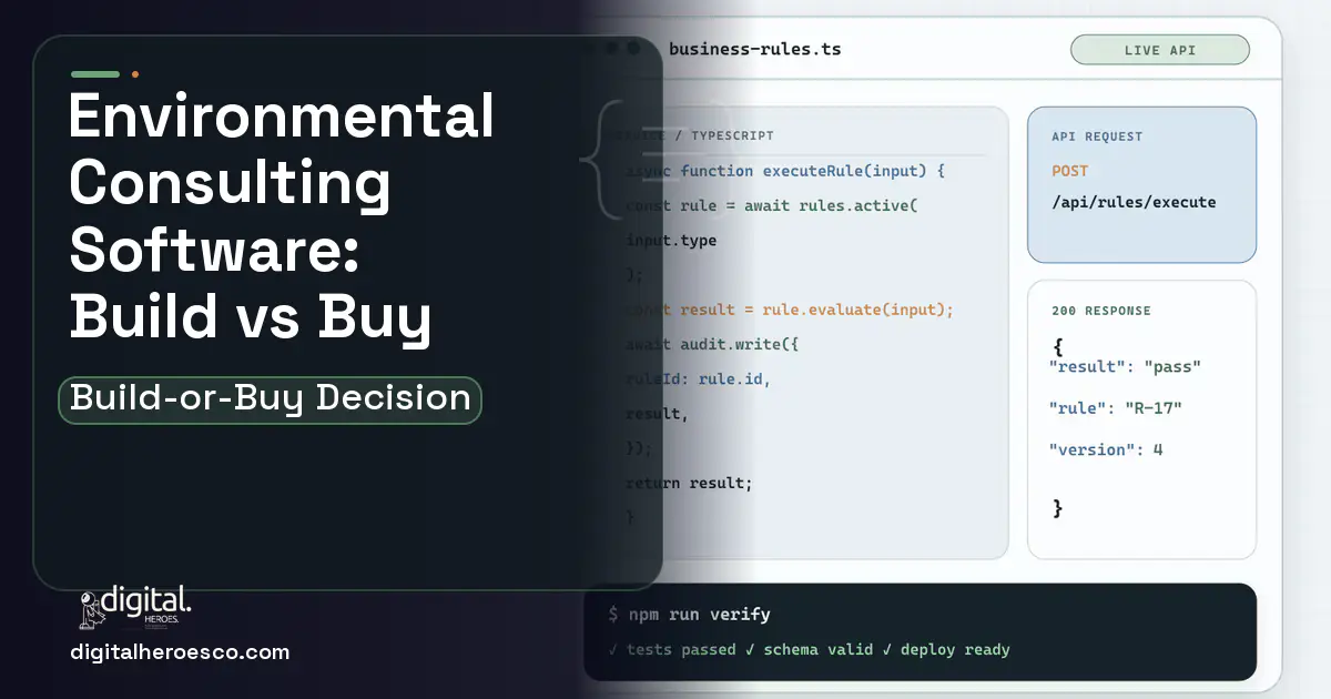 Custom Software Development code editor and API illustration for Environmental Consulting Software Build vs Buy Guide.