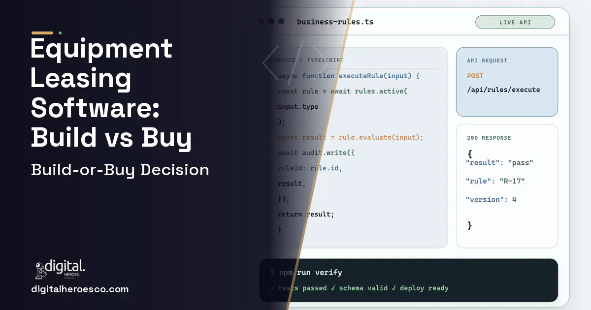 Custom Software Development code editor and API illustration for Equipment Leasing Software Build vs Buy Guide.