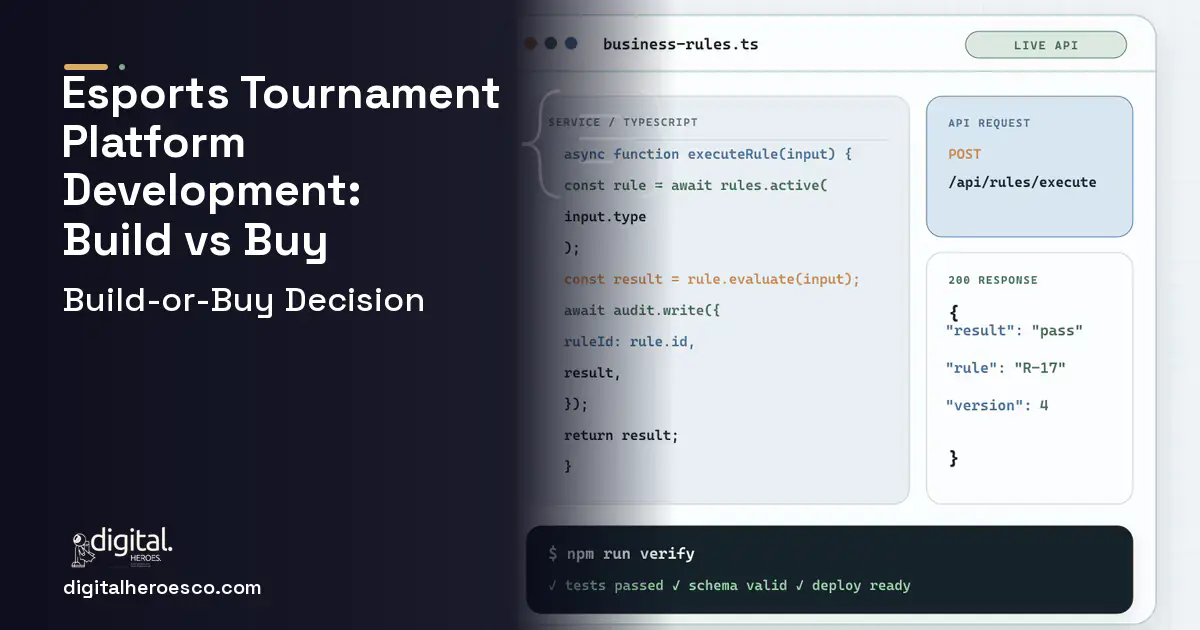 Custom software code editor and API illustration for Esports Tournament Platform Development Build vs Buy Guide.