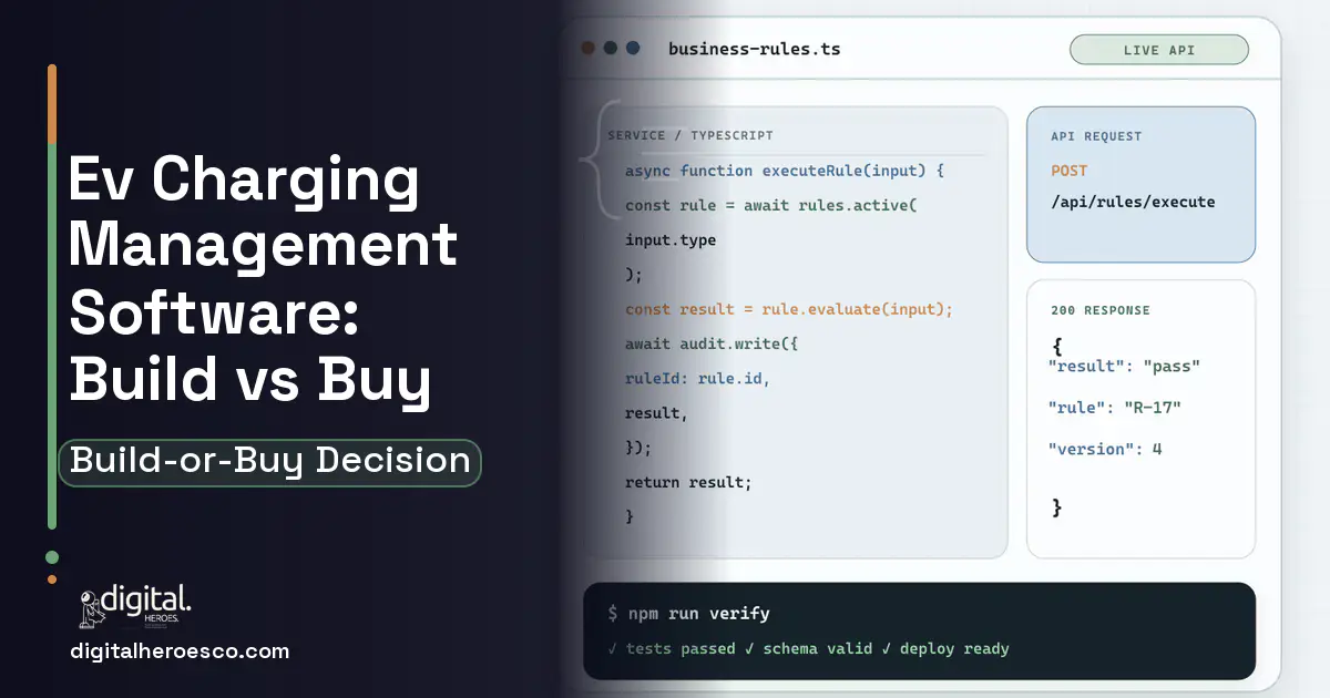Custom Software Development code editor and API illustration for EV Charging Management Software Build vs Buy Guide.