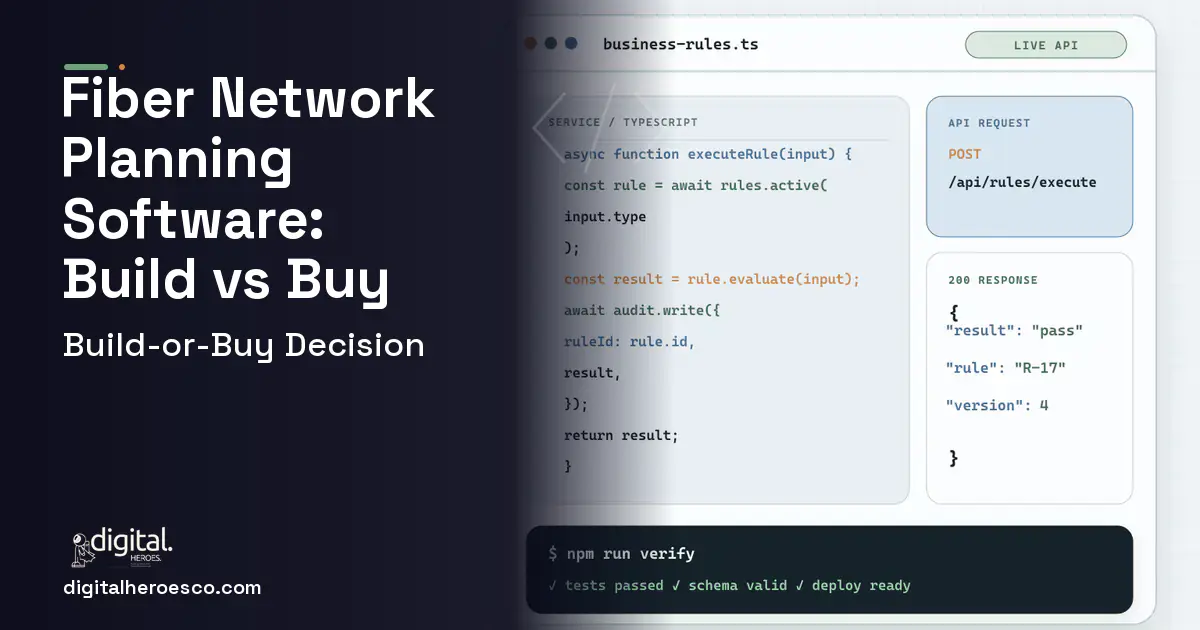 Custom Software Development code editor and API illustration for Fiber Network Planning Software Build vs Buy Guide.