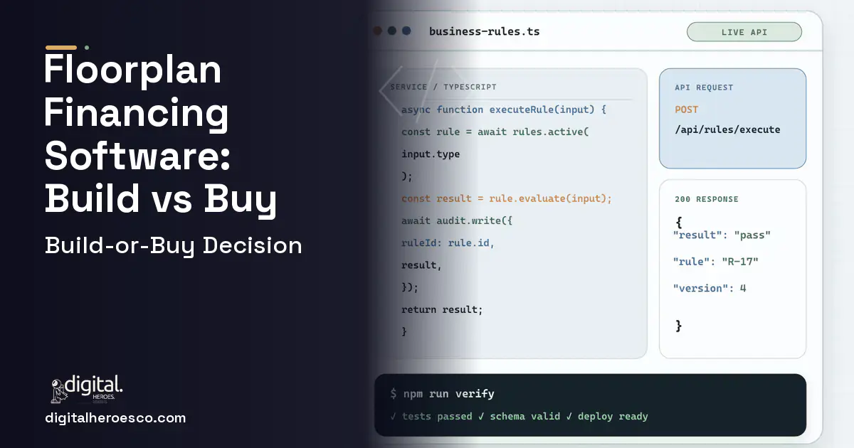 Custom Software Development code editor and API illustration for Floorplan Financing Software Build vs Buy Guide.