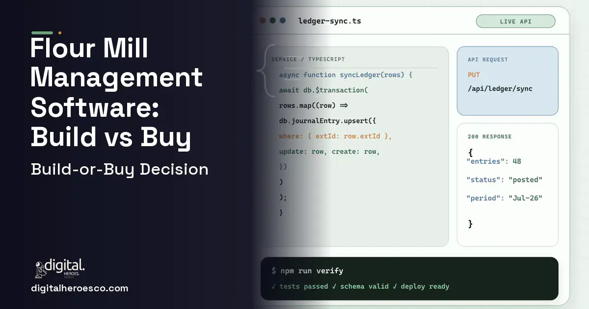 ERP Development code editor and API illustration for Flour Mill Management Software Build vs Buy Guide.