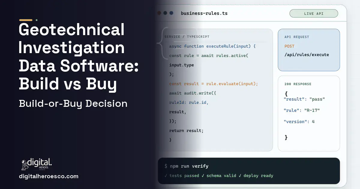 Custom software code editor and API illustration for Geotechnical Investigation Data Software Build vs Buy Guide.