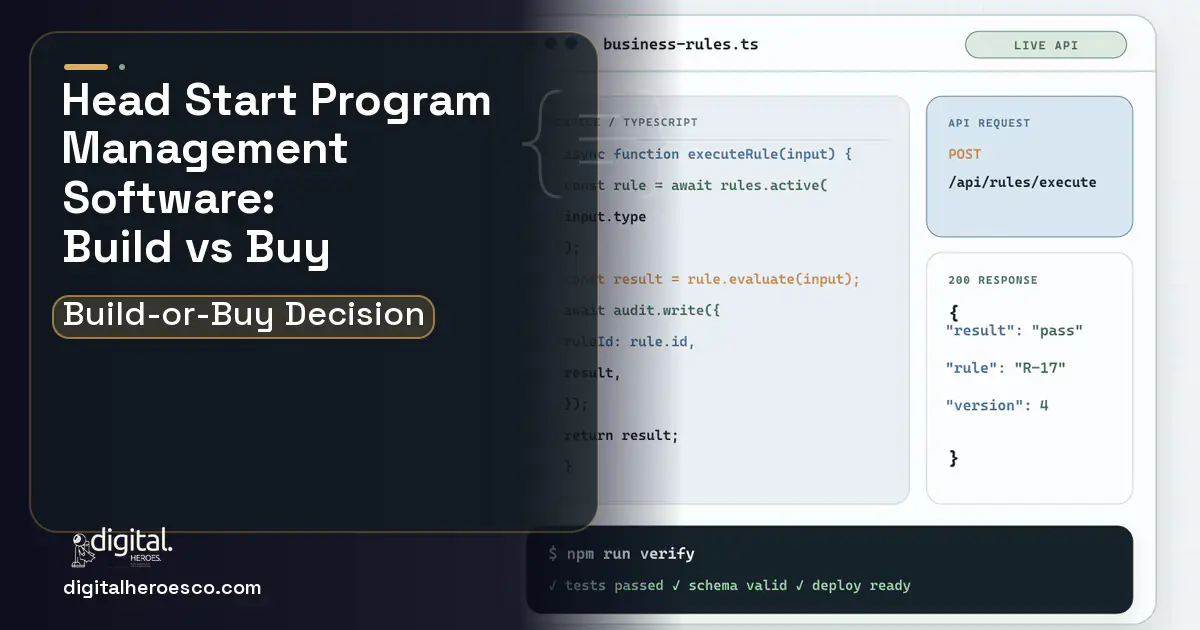 Custom software code editor and API illustration for Head Start Program Management Software Build vs Buy Guide.