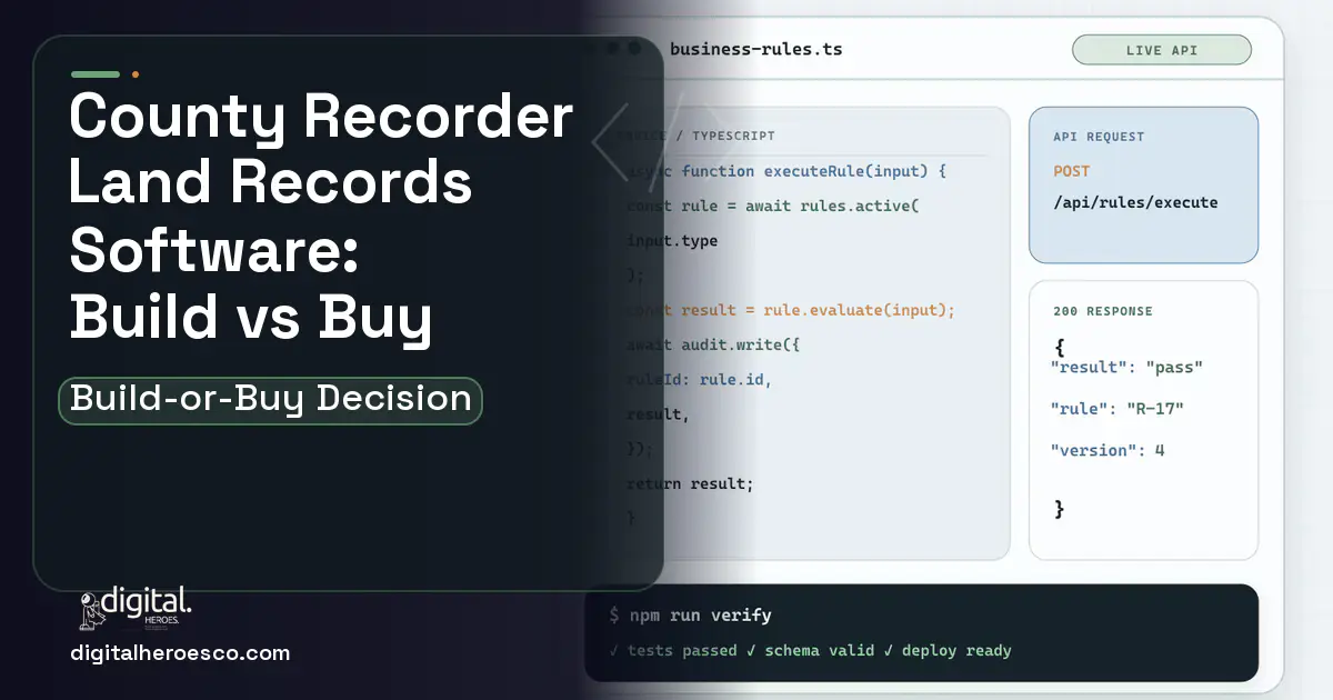 Custom software code editor and API illustration for County Recorder Land Records Software Build vs Buy Guide.