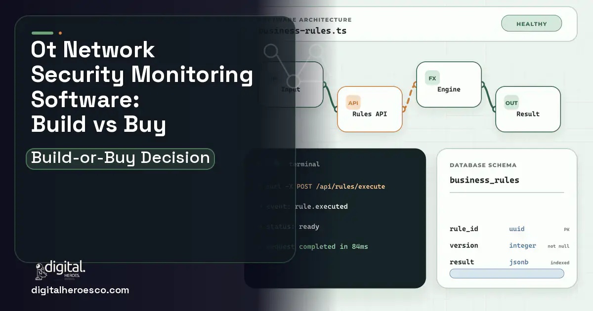 Custom software architecture and database illustration for OT Network Security Monitoring Software Build vs Buy Guide.