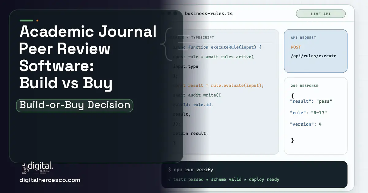 Custom software code editor and API illustration for Academic Journal Peer Review Software Build vs Buy Guide.