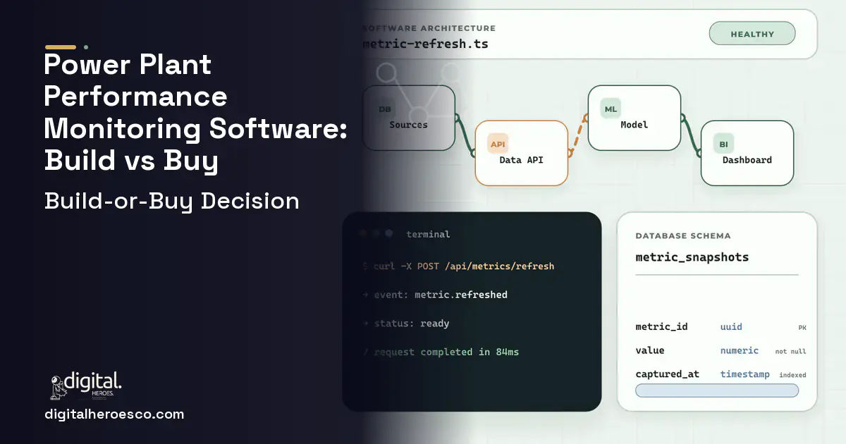 BI dashboard architecture and database illustration for Power Plant Performance Monitoring Software Build vs Buy Guide.