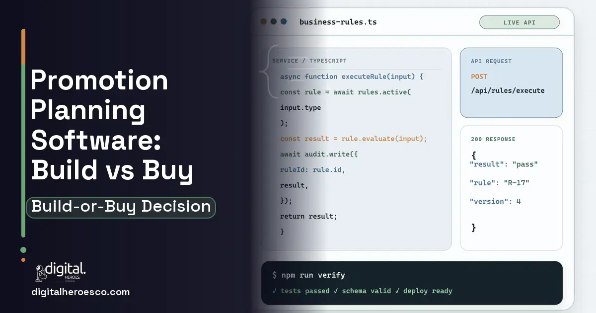 Custom Software Development code editor and API illustration for Promotion Planning Software Build vs Buy Guide.