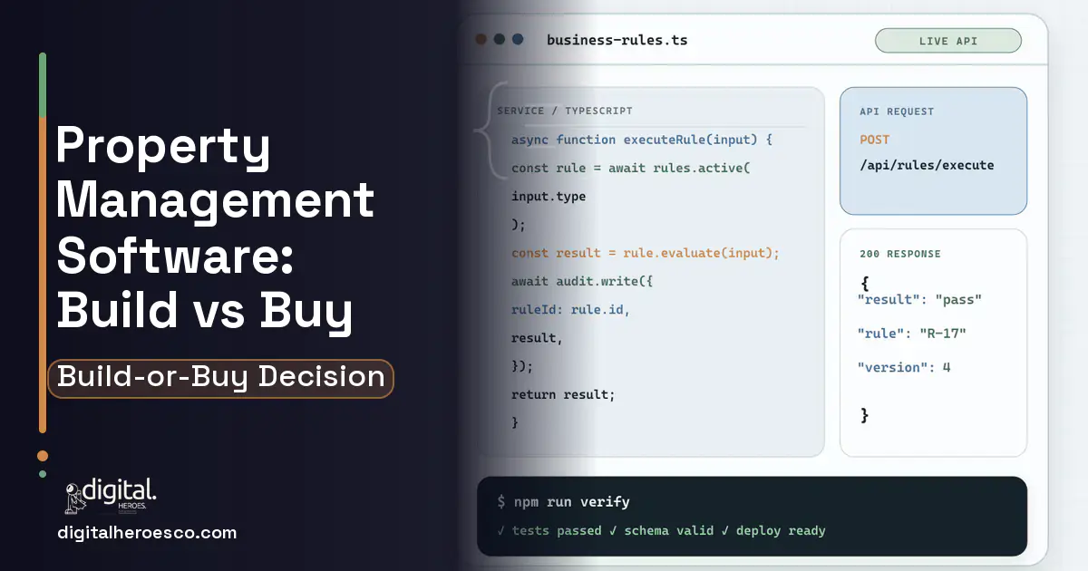 Custom Software Development code editor and API illustration for Property Management Software Build vs Buy Guide.
