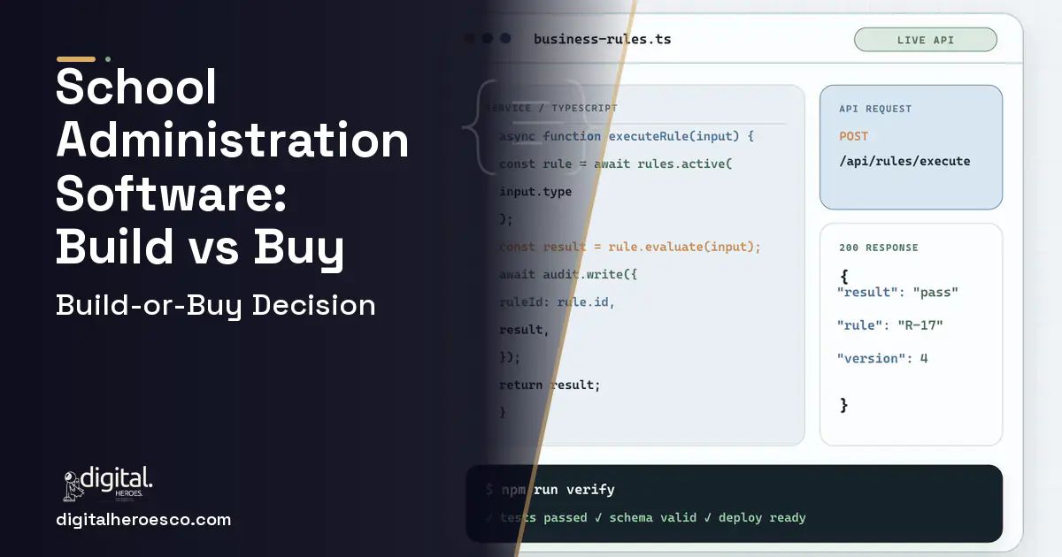 Custom Software Development code editor and API illustration for School Administration Software Build vs Buy Guide.