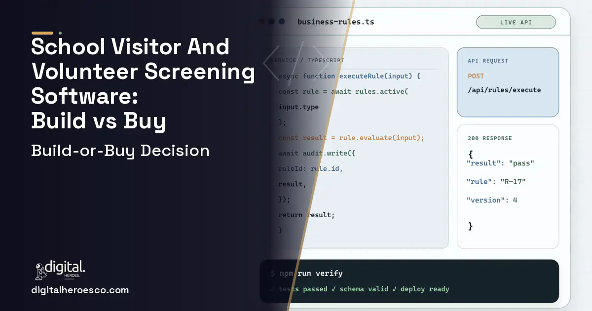 Custom software code editor and API illustration for School Visitor AND Volunteer Screening Software Build vs Buy Guide.