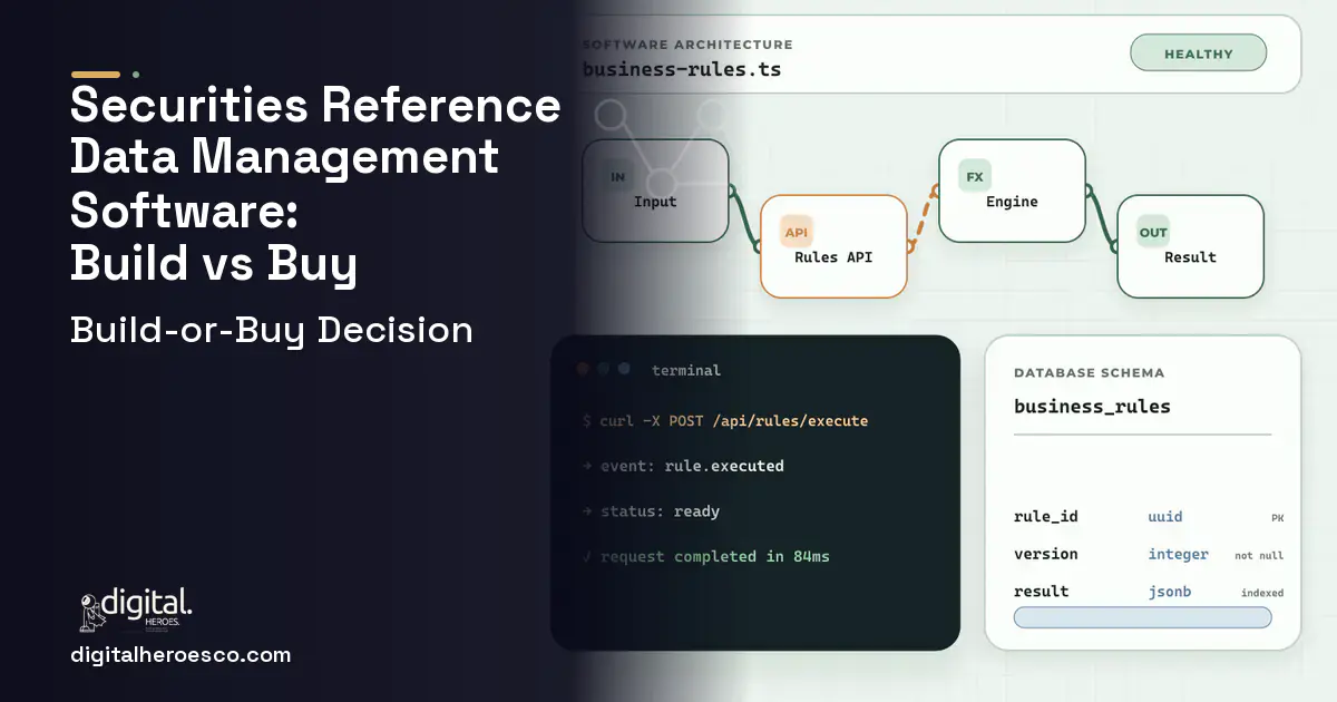 Custom Software Development architecture and database illustration for Securities Reference Data Build vs Buy Guide.
