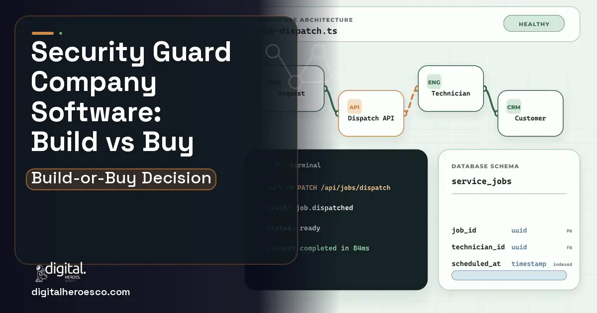 Field Service Software architecture and database illustration for Security Guard Company Software Build vs Buy Guide.