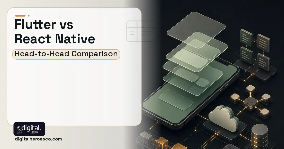 Mobile App Development product interface illustration for Flutter vs React Native.