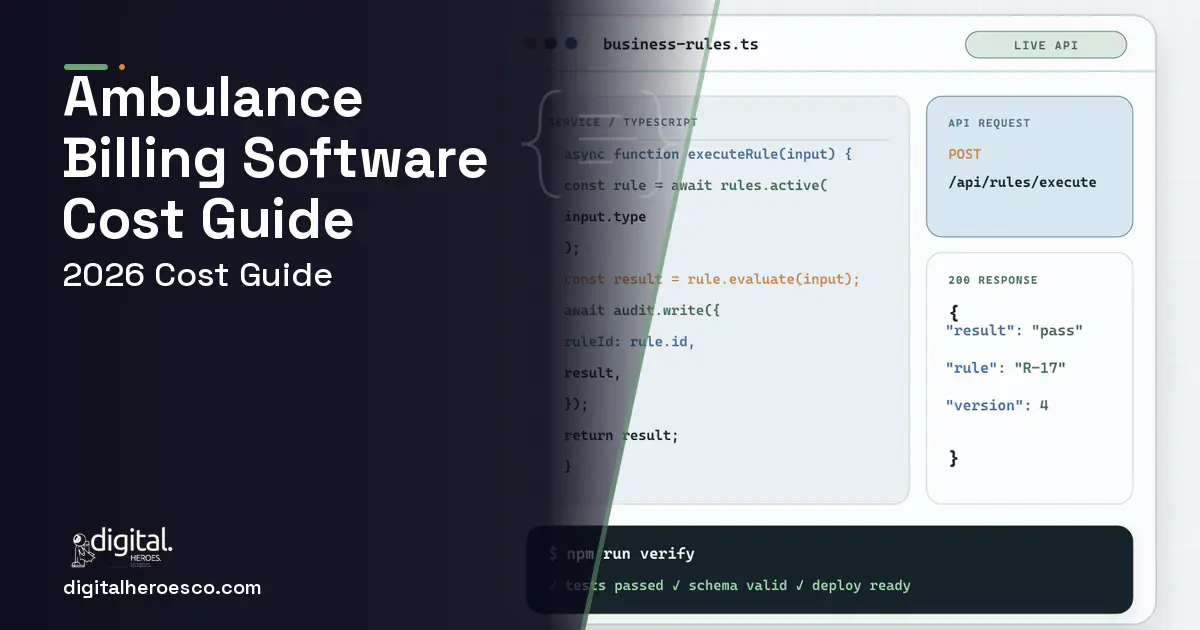Custom Software Development code editor and API illustration for Ambulance Billing Software Cost Guide.