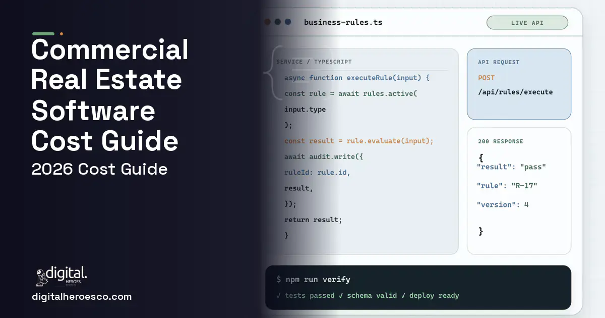 Custom Software Development code editor and API illustration for Commercial Real Estate Software Cost Guide.