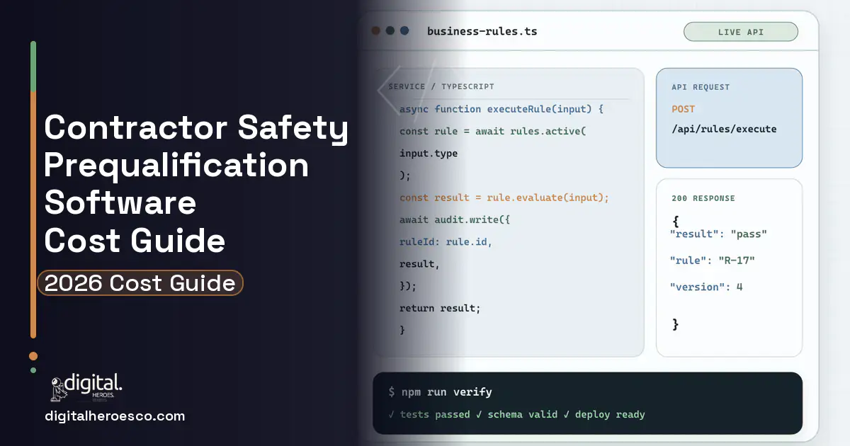 Custom Software Development code editor and API illustration for Contractor Safety Prequalification Software Cost Guide.