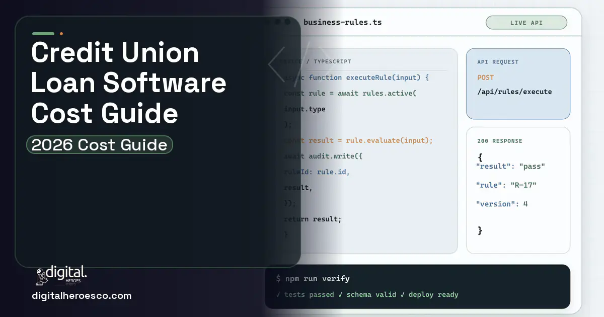 Custom Software Development code editor and API illustration for Credit Union Loan Software Cost Guide.