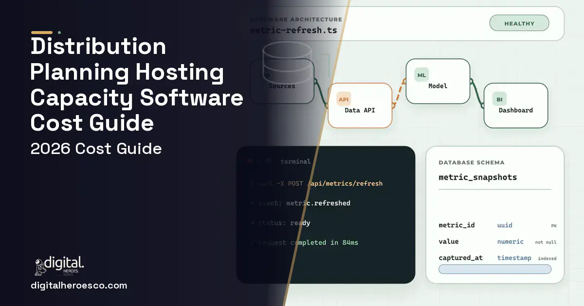 BI dashboard architecture and database illustration for Distribution Planning Hosting Capacity Software Cost Guide.