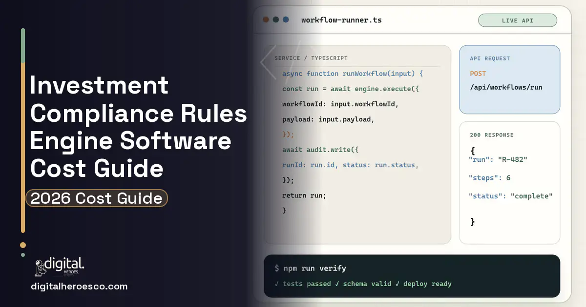 Internal Tools Development code editor and API illustration for Investment Compliance Rules Engine Software Cost Guide.
