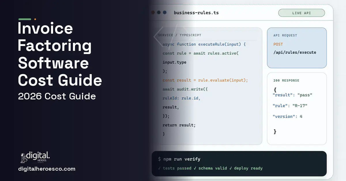 Custom Software Development code editor and API illustration for Invoice Factoring Software Cost Guide.