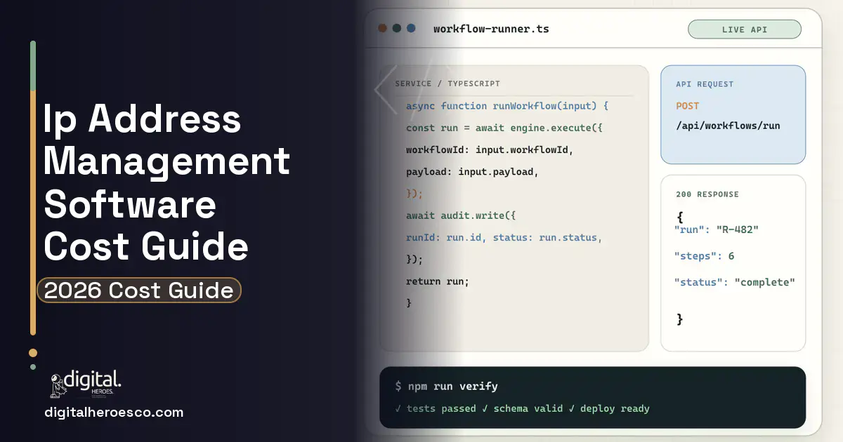 Internal Tools Development code editor and API illustration for IP Address Management Software Cost Guide.