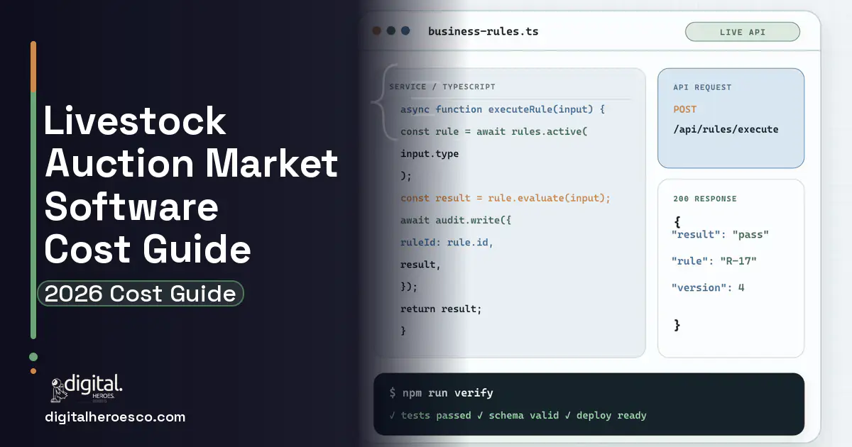 Custom Software Development code editor and API illustration for Livestock Auction Market Software Cost Guide.