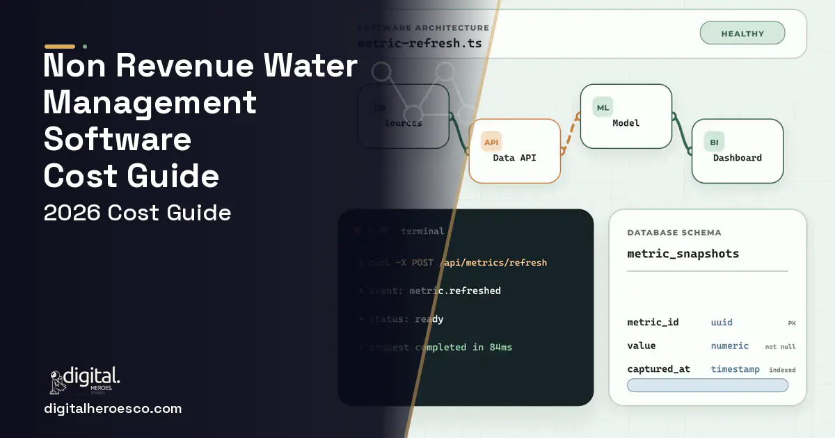BI Dashboard Development architecture and database illustration for NON Revenue Water Management Software Cost Guide.