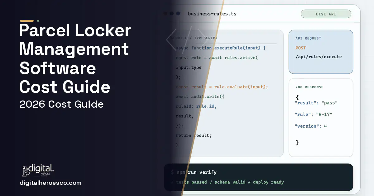 Custom Software Development code editor and API illustration for Parcel Locker Management Software Cost Guide.
