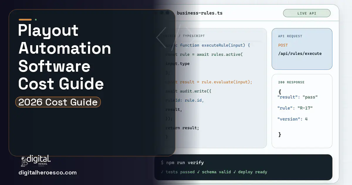 Custom Software Development code editor and API illustration for Playout Automation Software Cost Guide.