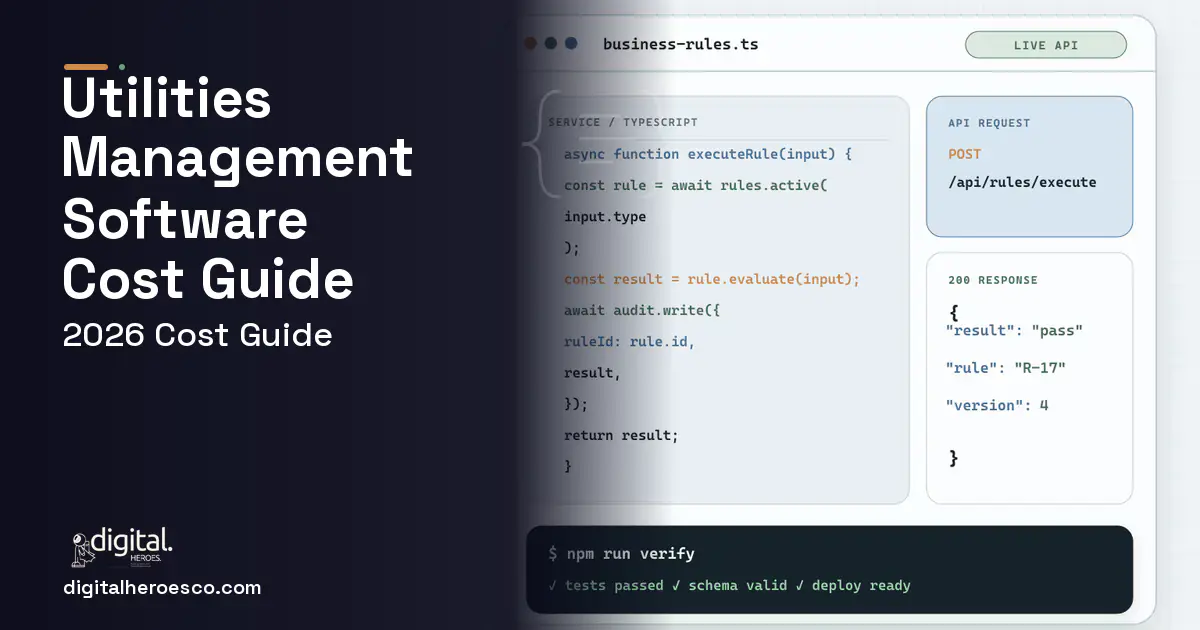 Custom Software Development code editor and API illustration for Utilities Management Software Cost Guide.