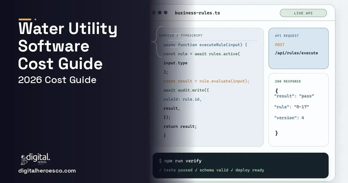 Custom Software Development code editor and API illustration for Water Utility Software Cost Guide.