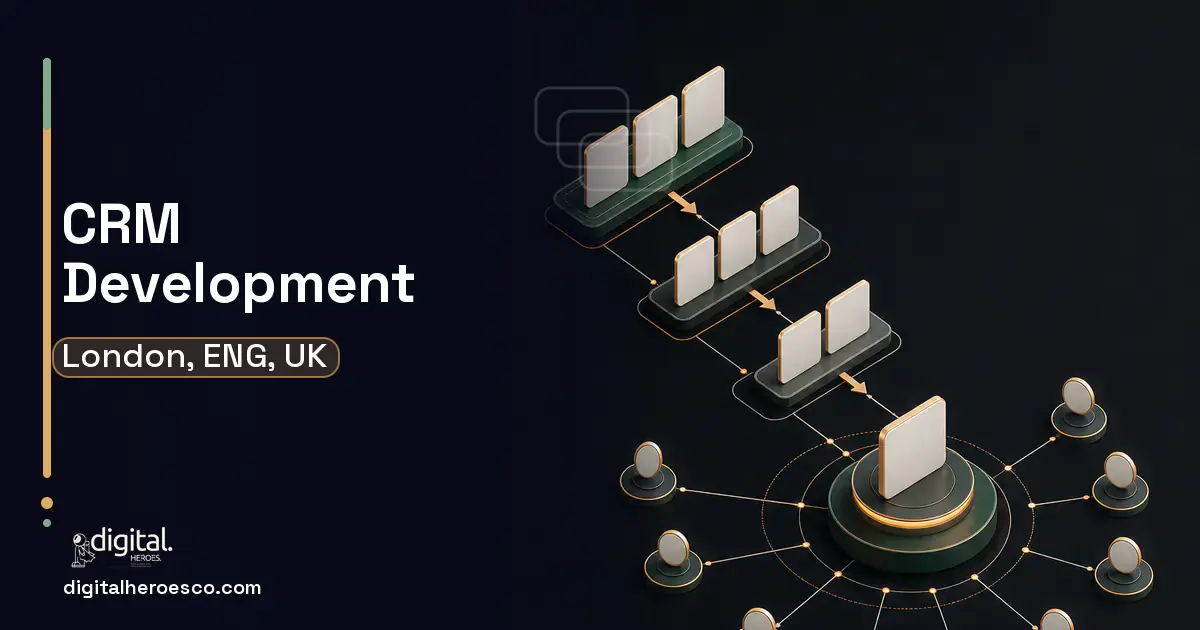 CRM Development software overview illustration for London, ENG, UK.