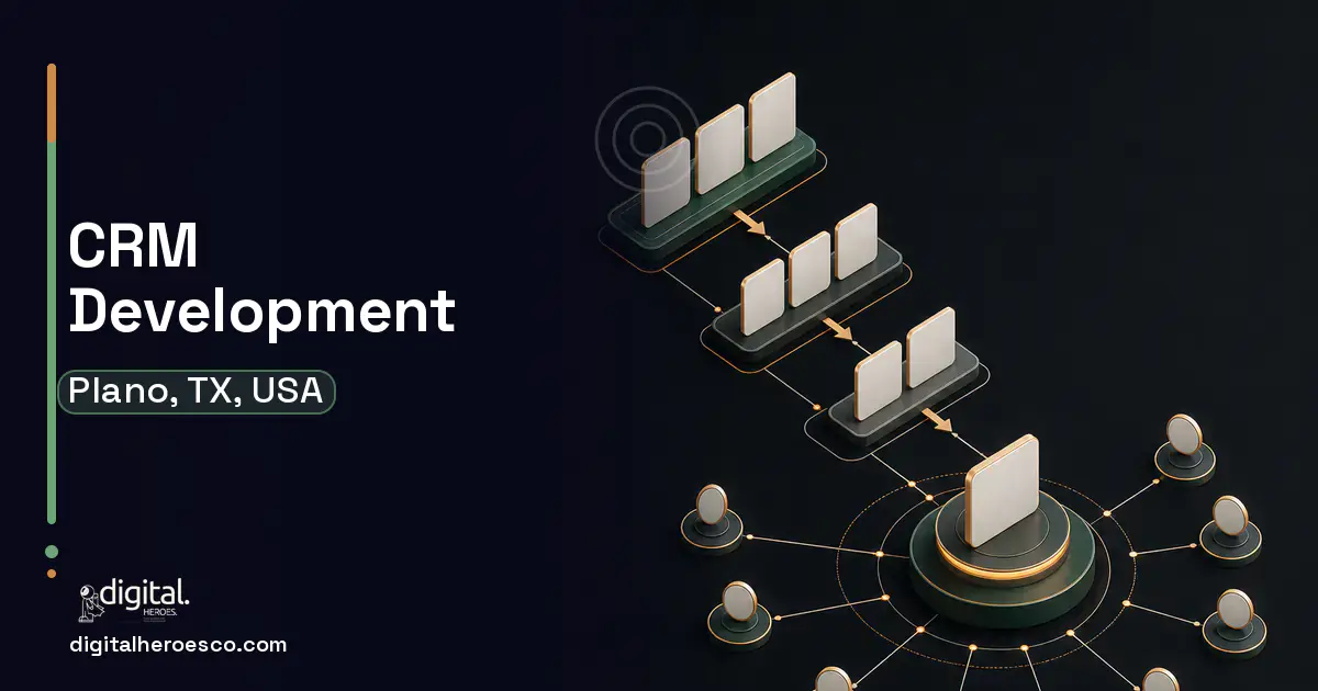 CRM Development software overview illustration for Plano, TX, USA.