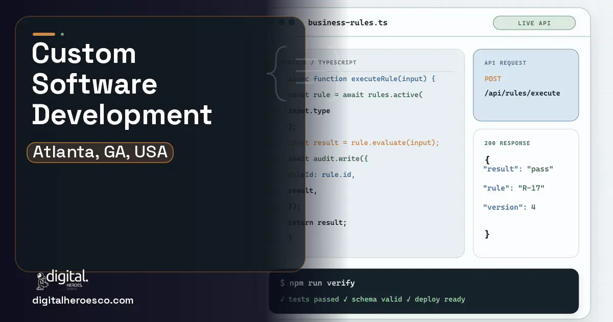 Custom Software Development code editor and API illustration for Atlanta, GA, USA.