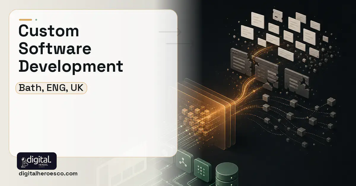 Custom Software Development workflow illustration for Bath, ENG, UK.