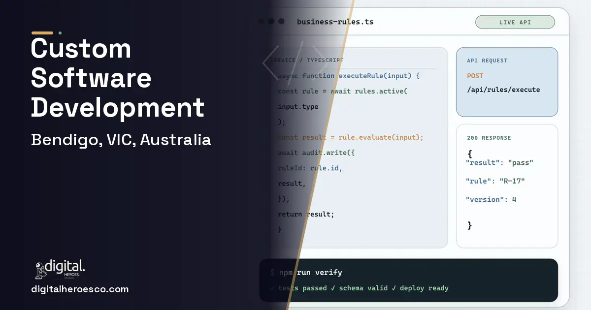 Custom Software Development code editor and API illustration for Bendigo, VIC, Australia.