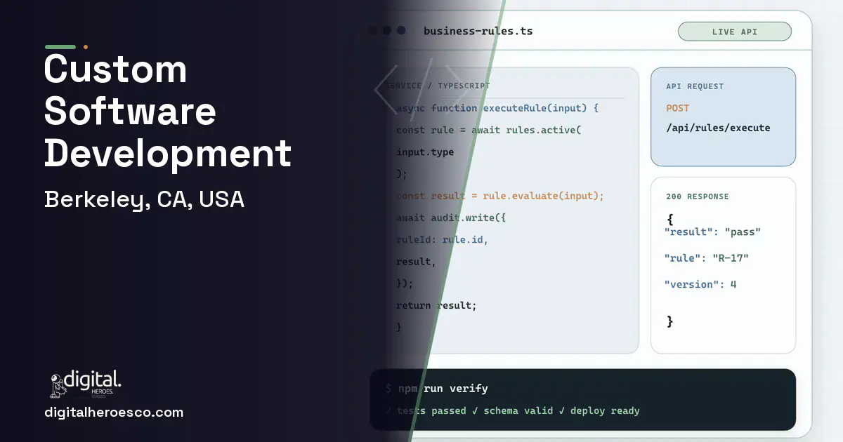 Custom Software Development code editor and API illustration for Berkeley, CA, USA.