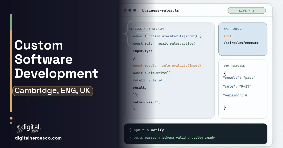Custom Software Development code editor and API illustration for Cambridge, ENG, UK.